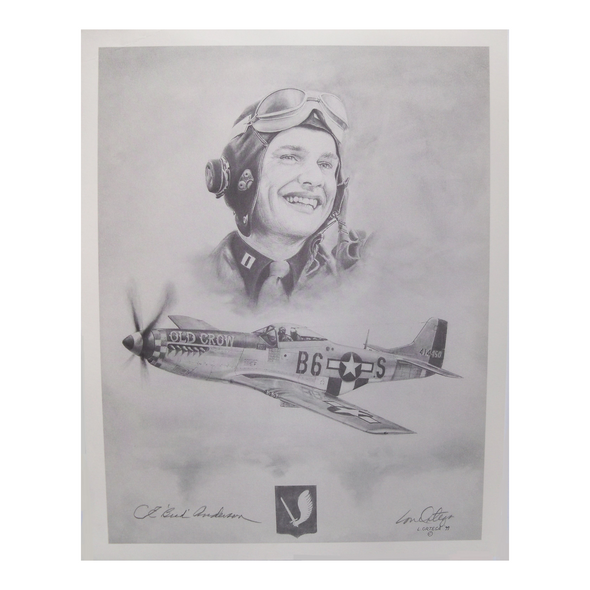 Signed pencil print of Captain C E Bud Anderson and his WW2 P51 Old Crow
