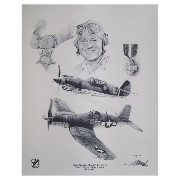 Pencil print of Major Gregory Pappy Boyington, Medal of Honor fighter pilot of VMF 214 and the aircraft he flew during WW2
