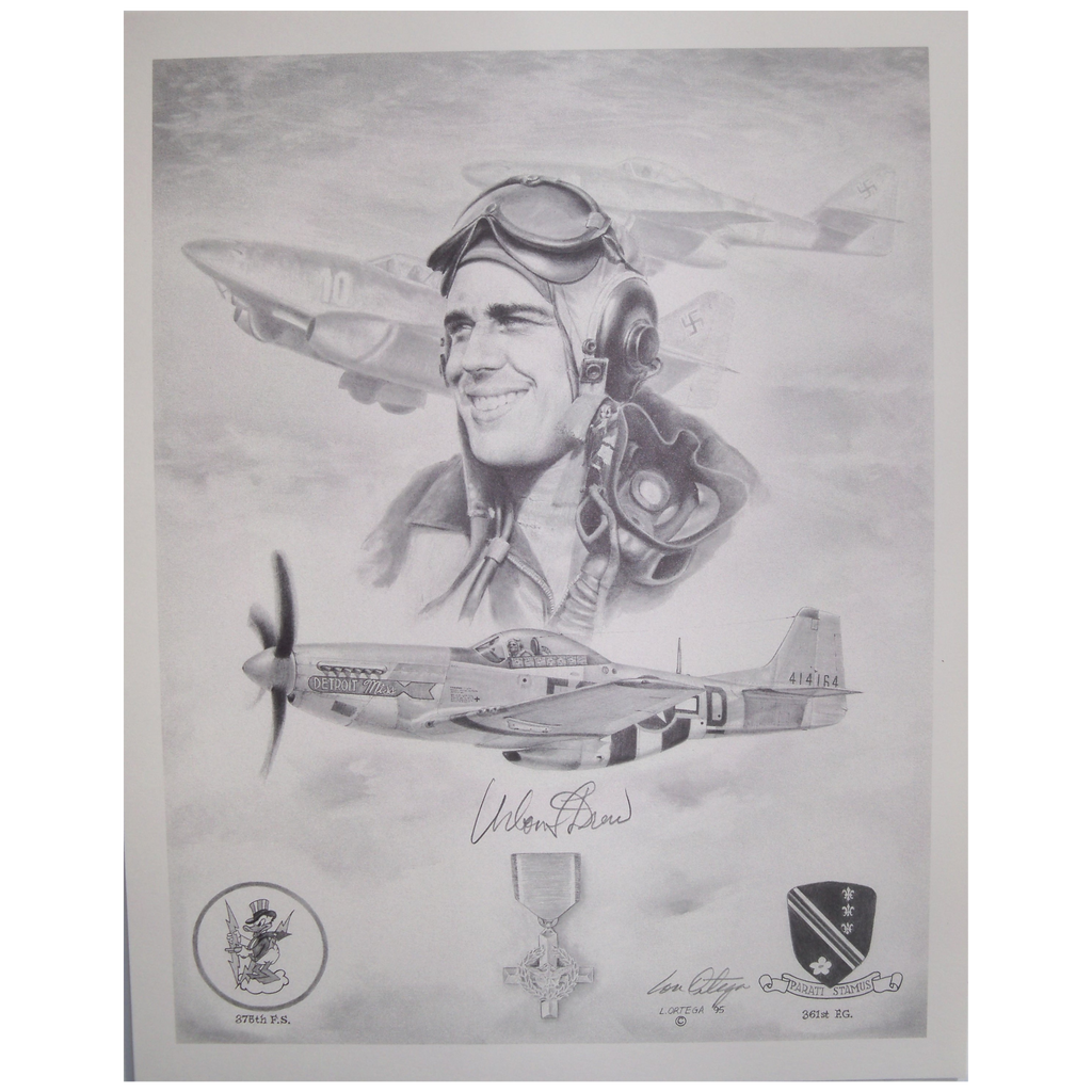 Signed pencil print of 1st Lt Urban Ben Drew who flew with the USAAF 375th Fighter Squadron "Yellowjackets".  Its also has his plane, Detroit Miss. 