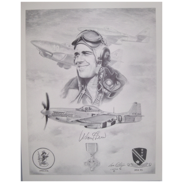 Signed pencil print of 1st Lt Urban Ben Drew who flew with the USAAF 375th Fighter Squadron "Yellowjackets".  Its also has his plane, Detroit Miss. 