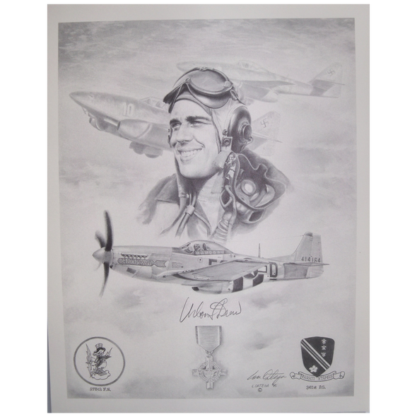 Signed pencil print of 1st Lt Urban Ben Drew who flew with the USAAF 375th Fighter Squadron "Yellowjackets". Its also has his plane, Detroit Miss.