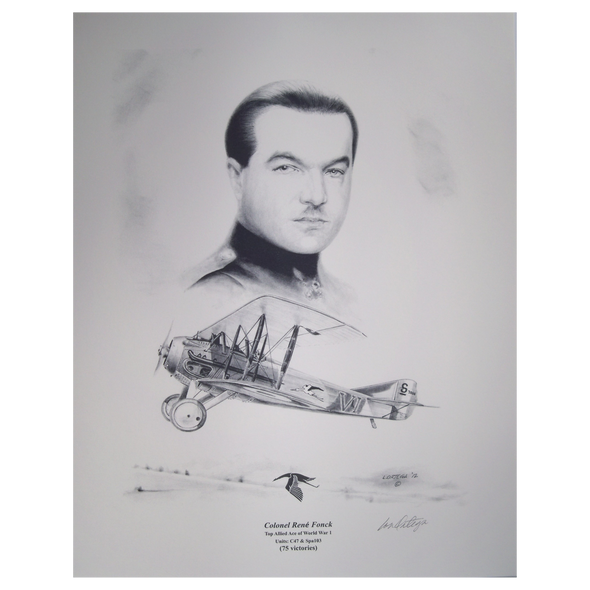 Pencil print of Colonel René Fonck, top Allied Ace of the First World War and the biplane he flew.