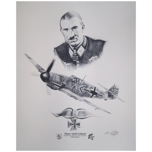 Pencil print Major Adolf Galland Ace Luftwaffe pilot WW2