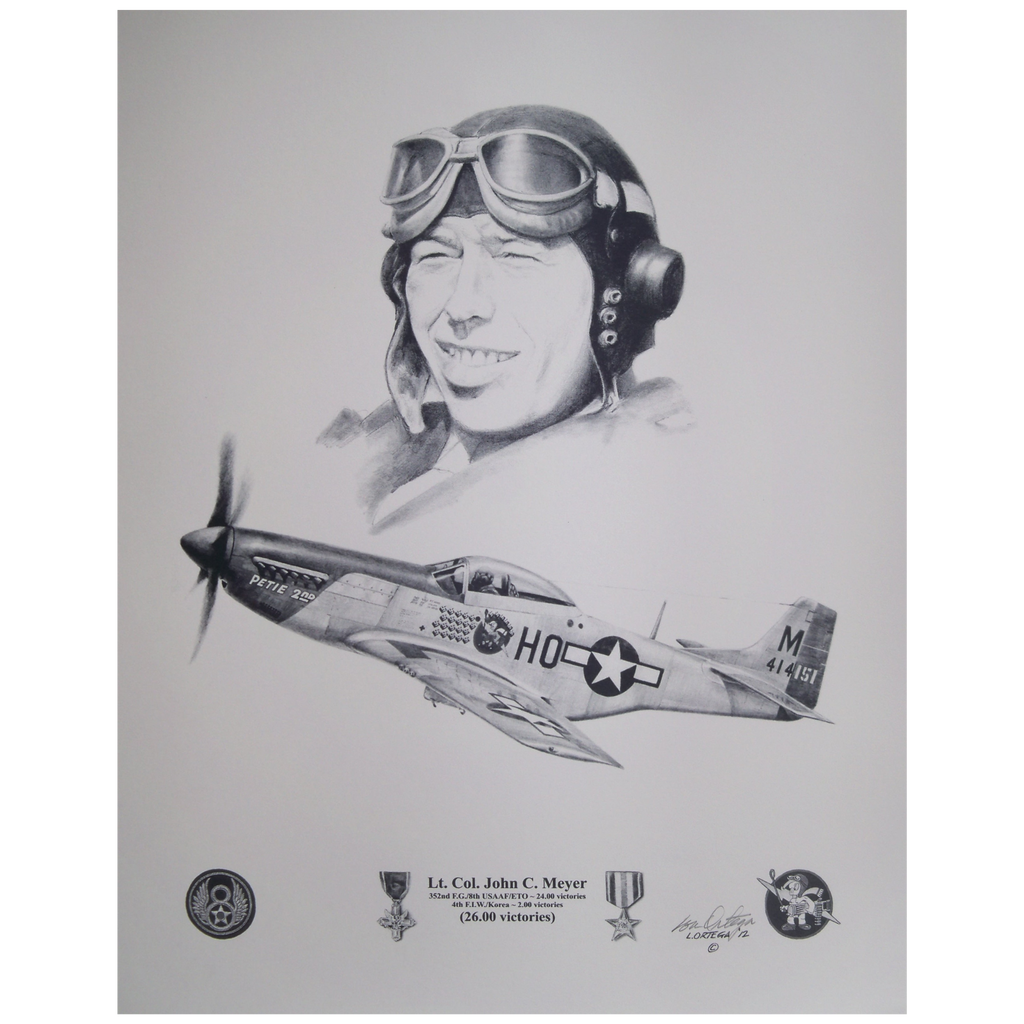 Pencil print Lt Colonel John C Meyer USAAF and his plane Petie 2nd he flew in WW2