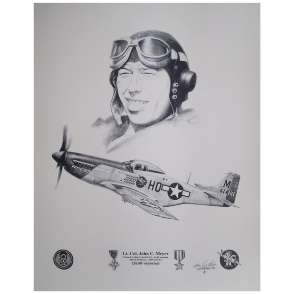 Pencil print Lt Colonel John C Meyer USAAF and his plane Petie 2nd he flew in WW2