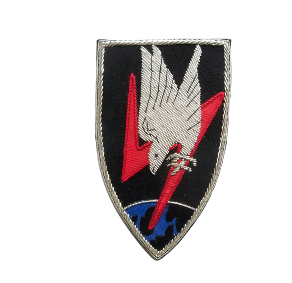 Luftwaffe NJG1 shield-shaped patch. Black background with red lightening flash and silver diving eagle with claws outstretched screaming towards Europe at the bottom of the patch.