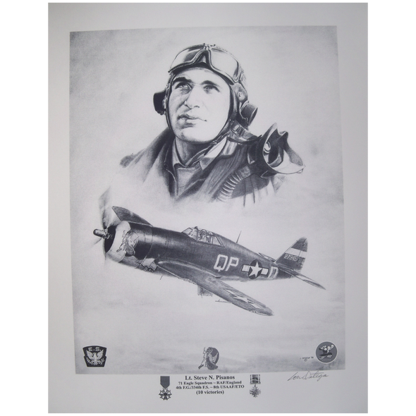 Lt Steve N Pisanos pencil print and his WW2 aircraft 