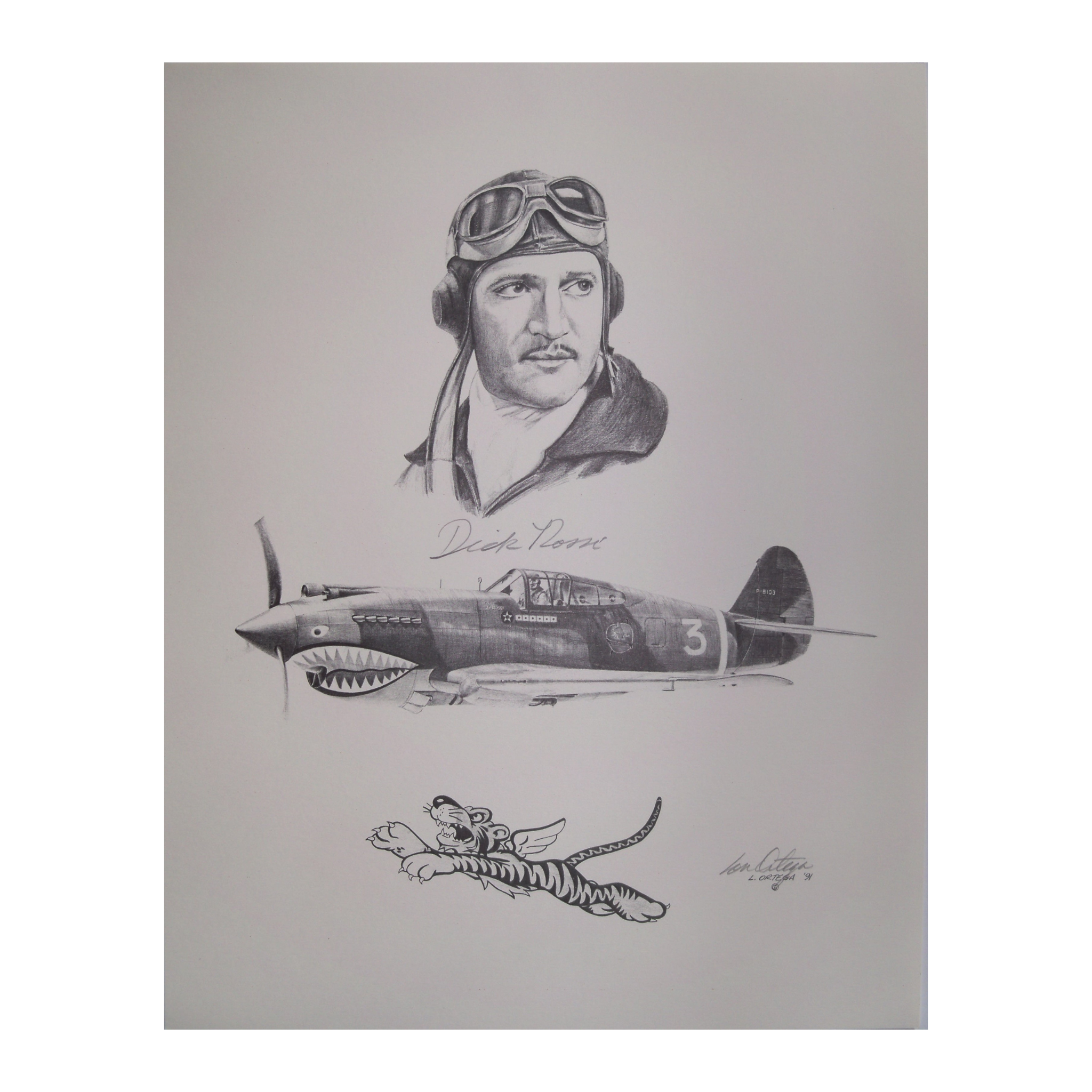 Signed pencil print of Squadron Leader J R Dick Rossi, US Naval aviator and Flying Tigers pilot.