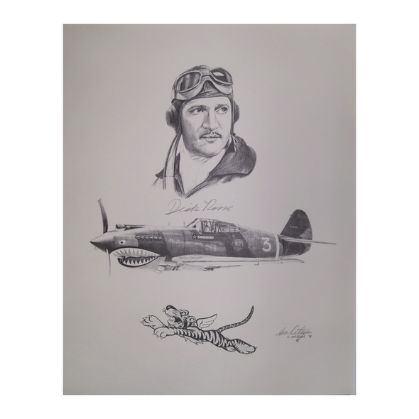 Signed pencil print of Squadron Leader J R Dick Rossi, US Naval aviator and Flying Tigers pilot.