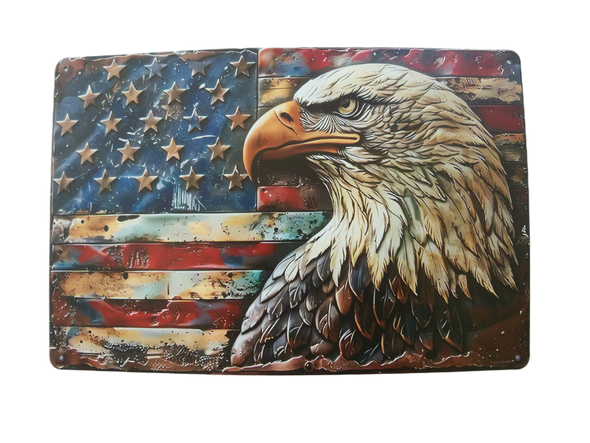 PATRIOTIC AMERICAN EAGLE AND FLAG Distressed Style Metal Wall Sign