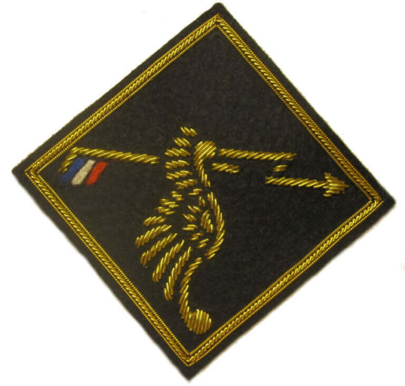 Black diamond shaped patch with gold embroidered flash across center and Polish coat of arms wing