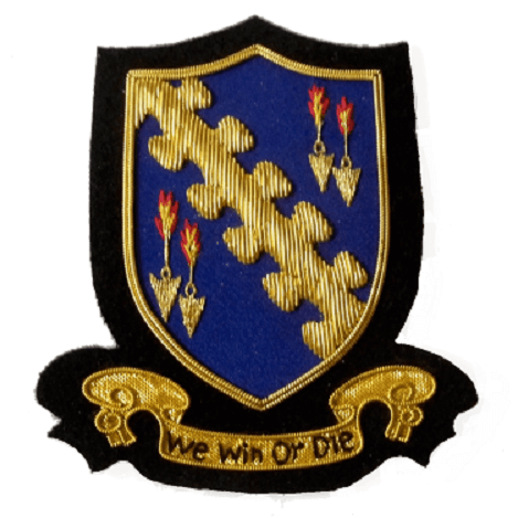 Blue shield shaped patch with gold banner running top right to bottom left. Gold arrows with flaming tails, at top left and bottom right. Gold ribbon banner along bottom with words 'We Win or Die'
