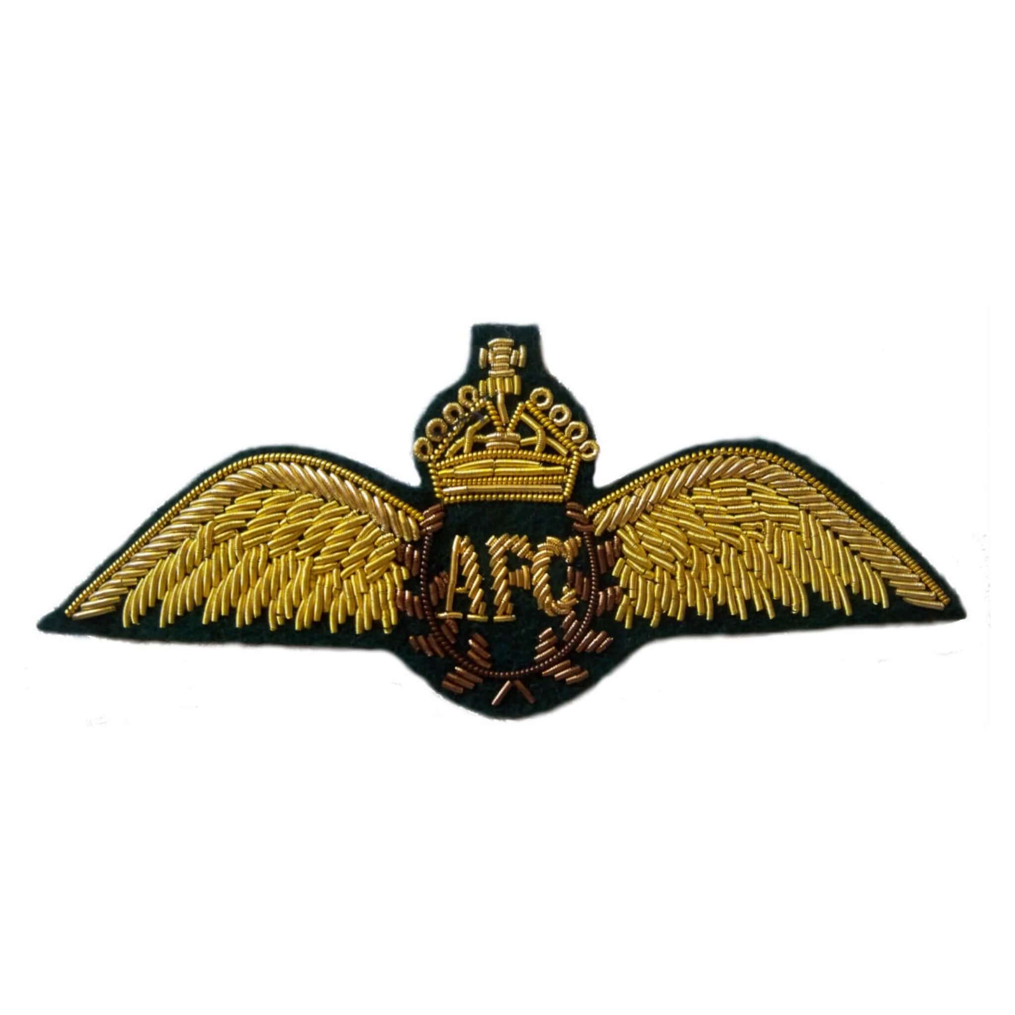 Gold pilot wings on black background with letters 'AFC' in center and gold crown above letters