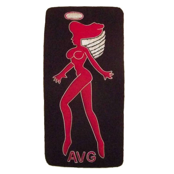 Naked Red Hell's Angel in walking position with silver halo above head, embroidered on dark brown rectangle shaped patch