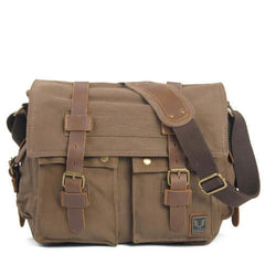 Canvas and Leather Crossbody Messenger Bag in coffee with brown contrast straps and shoulder strap