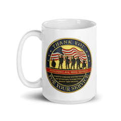 Thank You For Your Service white ceramic mug with full color patriotic graphic on both sides showing handle at left side