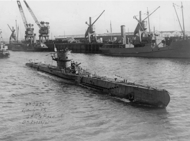 The U-570 submarine sailing into Royal Naval docks after capture
