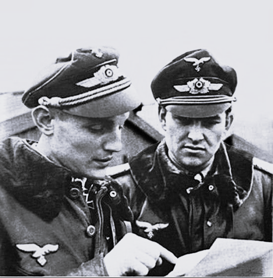 WW2 Luftwaffe pilots Hartmann and Barkhorn studying a map