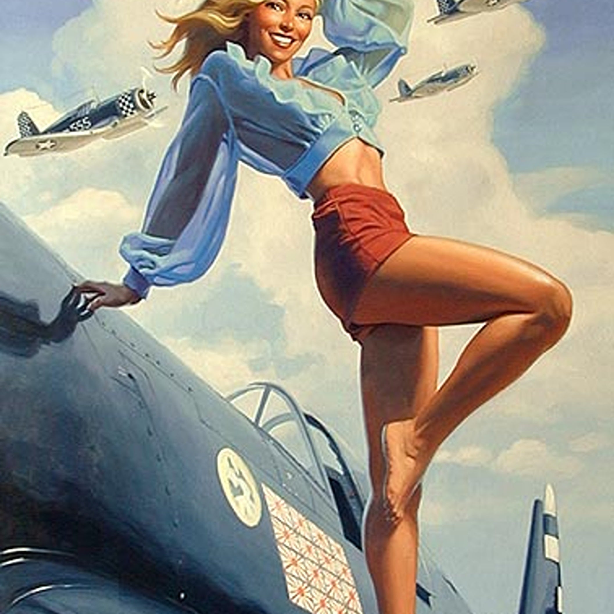 Woman standing on a fighter plane with airplanes in the background