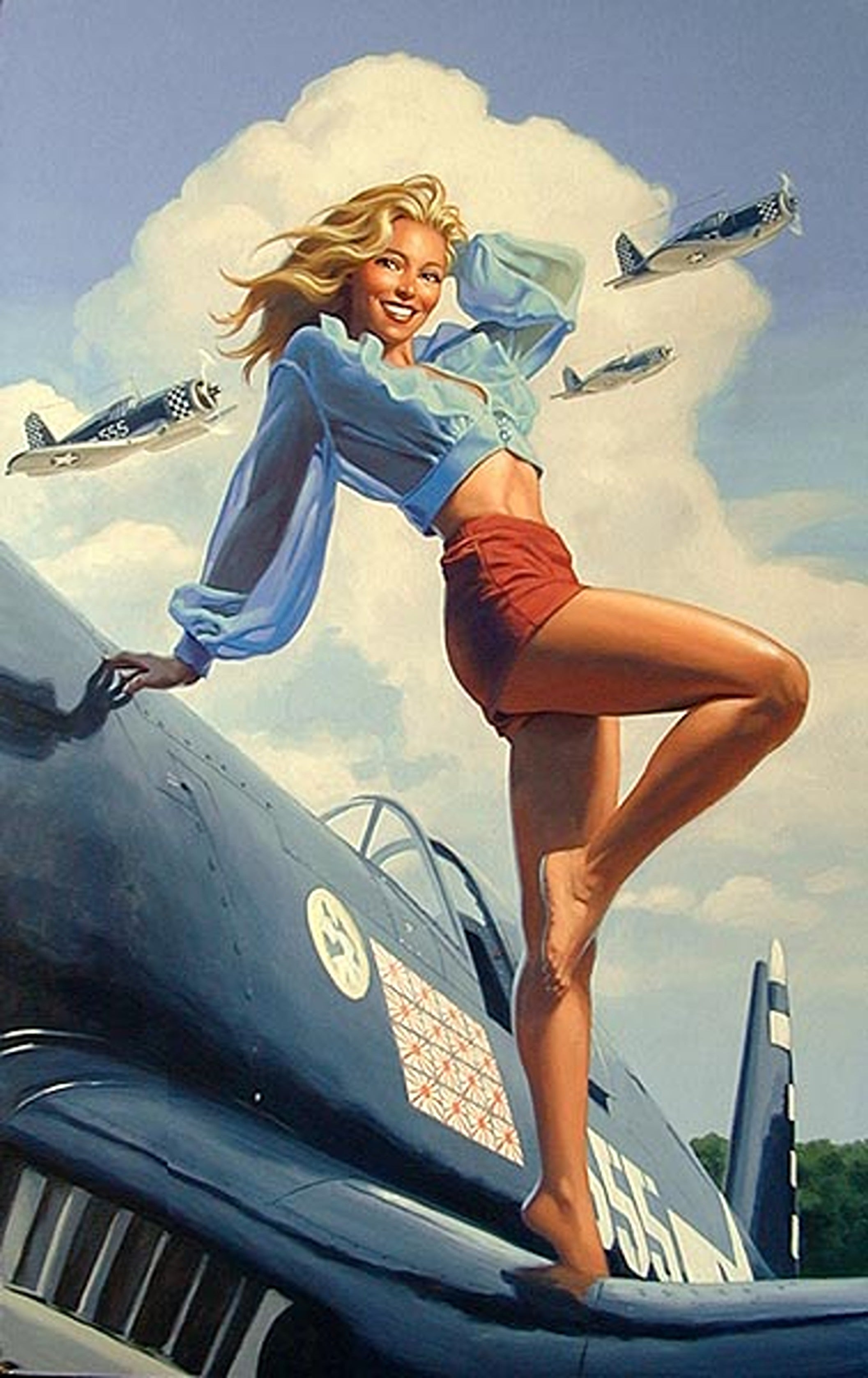 Woman standing on a fighter plane with airplanes in the background