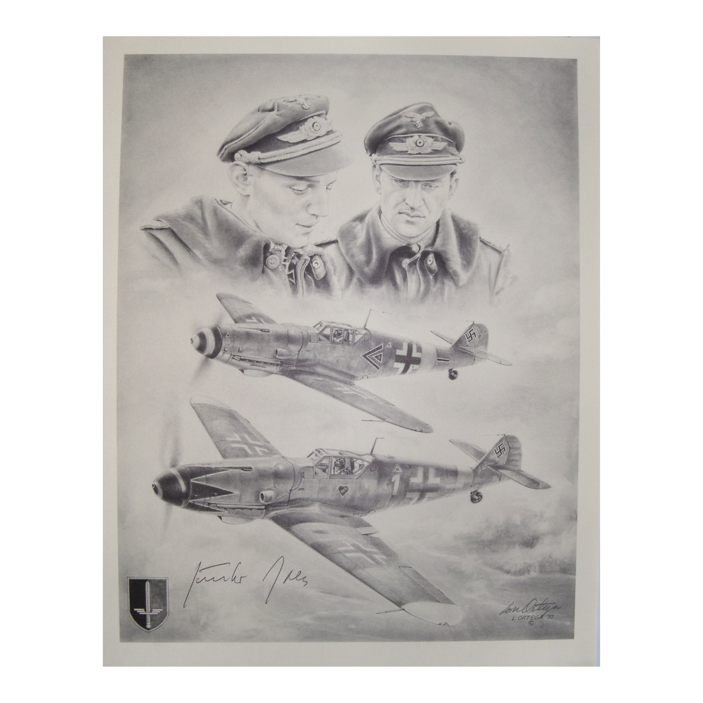 Signed Pencil print of 300 Club fighter pilots Eric Hartmaan and Gerhard Barkhorn signed by Luftwaffe Ace Gunther Rall
