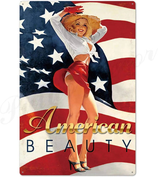 Vintage metal sign of girl with american flag in background and words American beauty at bottom of sign