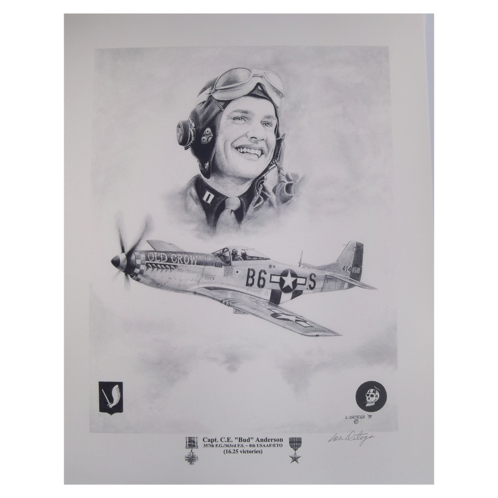 Pencil print Captain Bud Anderson and his aircraft Old Crow he flew in WW2