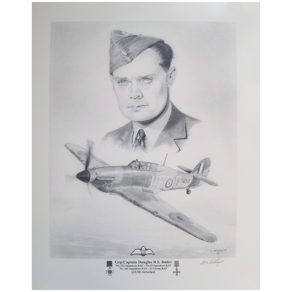 Pencil print of Group Captain Douglas Bader and the aircraft he flew in during WW2