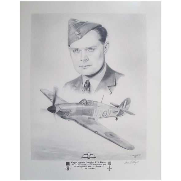 Pencil print of Group Captain Douglas Bader and the aircraft he flew in during WW2
