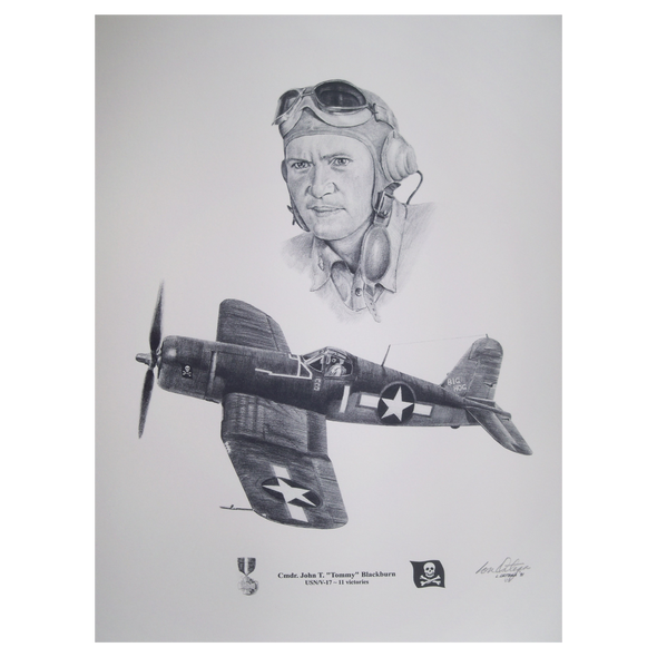 Pencil print Cmdr John Tommy Blackburn USN V-17 Jolly Rogers and the F4U Corsair he flew during WW2