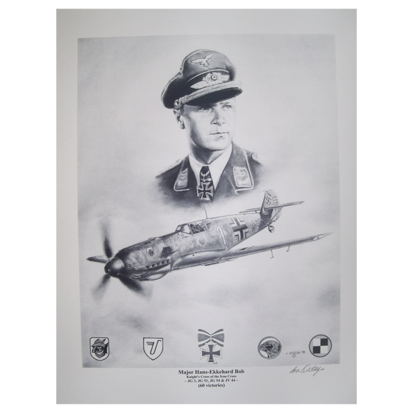 Pencil print of Major Hans-Ekkehard Bob, a Luftwaffe Ace of WW2