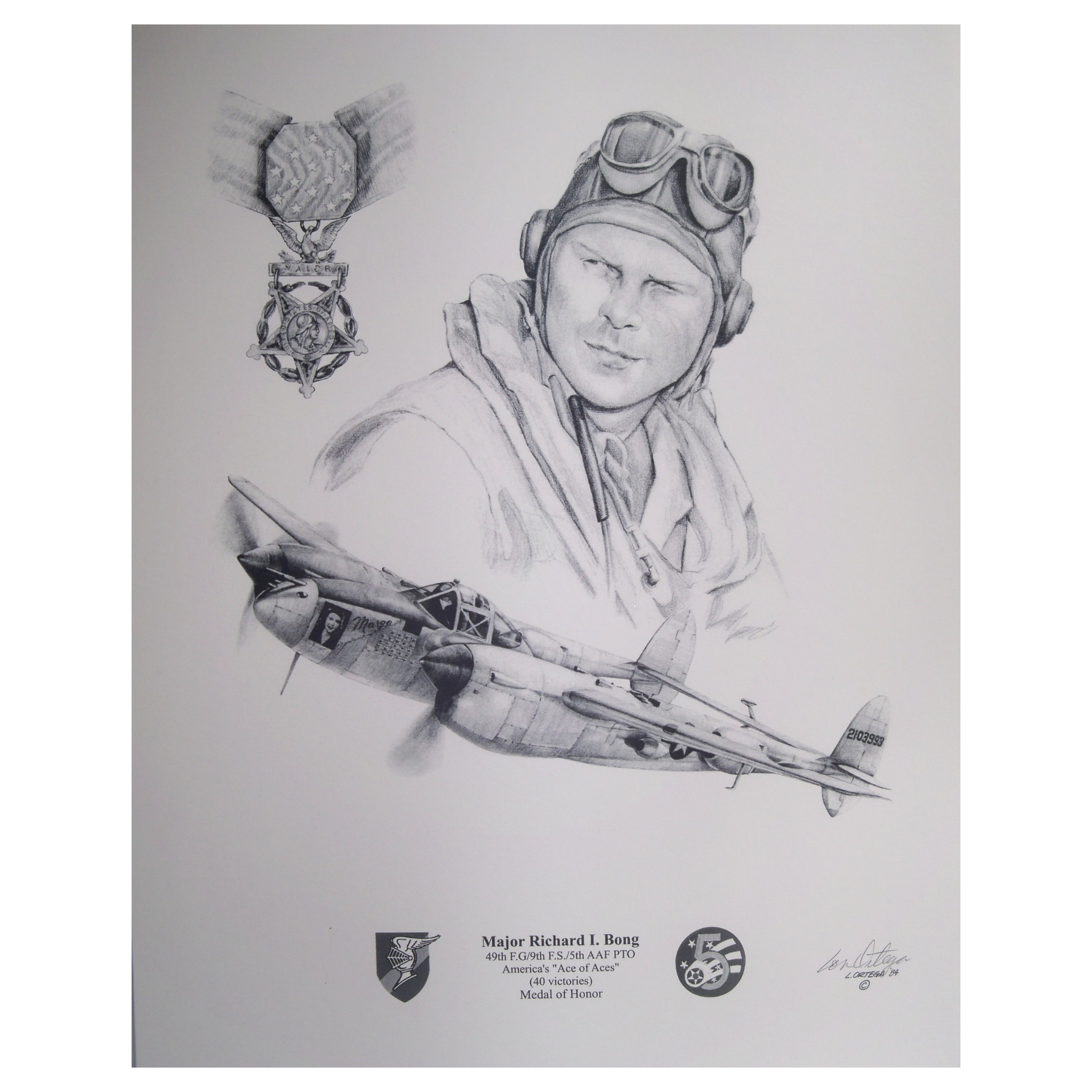 Pencil print of Major Richard Bong Ace of Aces and his WW2 aircraft