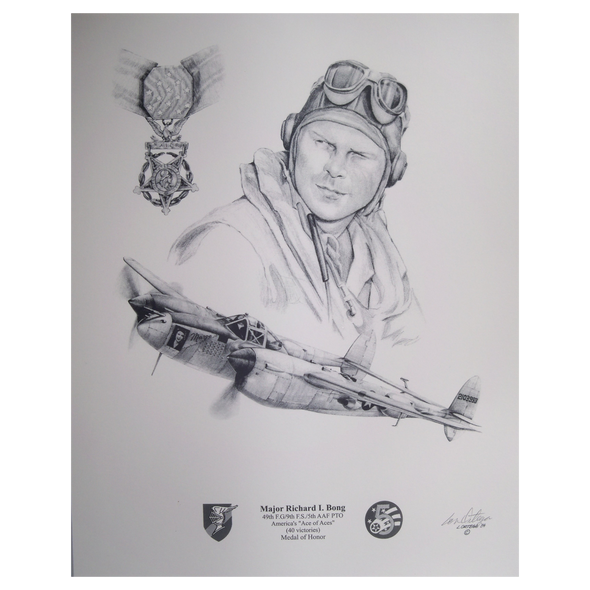 Pencil print of Major Richard Bong Ace of Aces and his WW2 aircraft