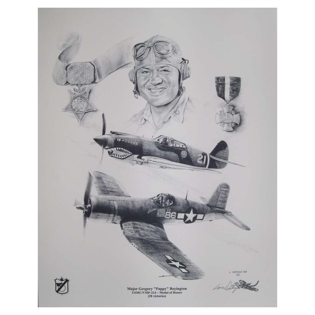 Pencil print of Major Gregory Pappy Boyington, Medal of Honor fighter pilot  of VMF 214 and the aircraft he flew during WW2