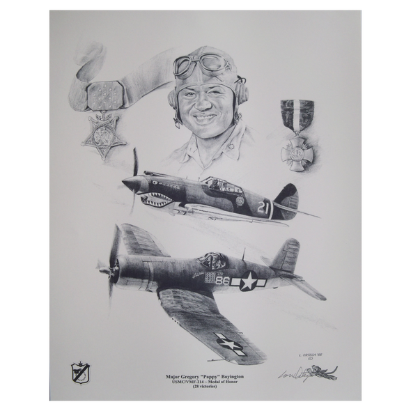 Pencil print of Major Gregory Pappy Boyington, Medal of Honor fighter pilot  of VMF 214 and the aircraft he flew during WW2