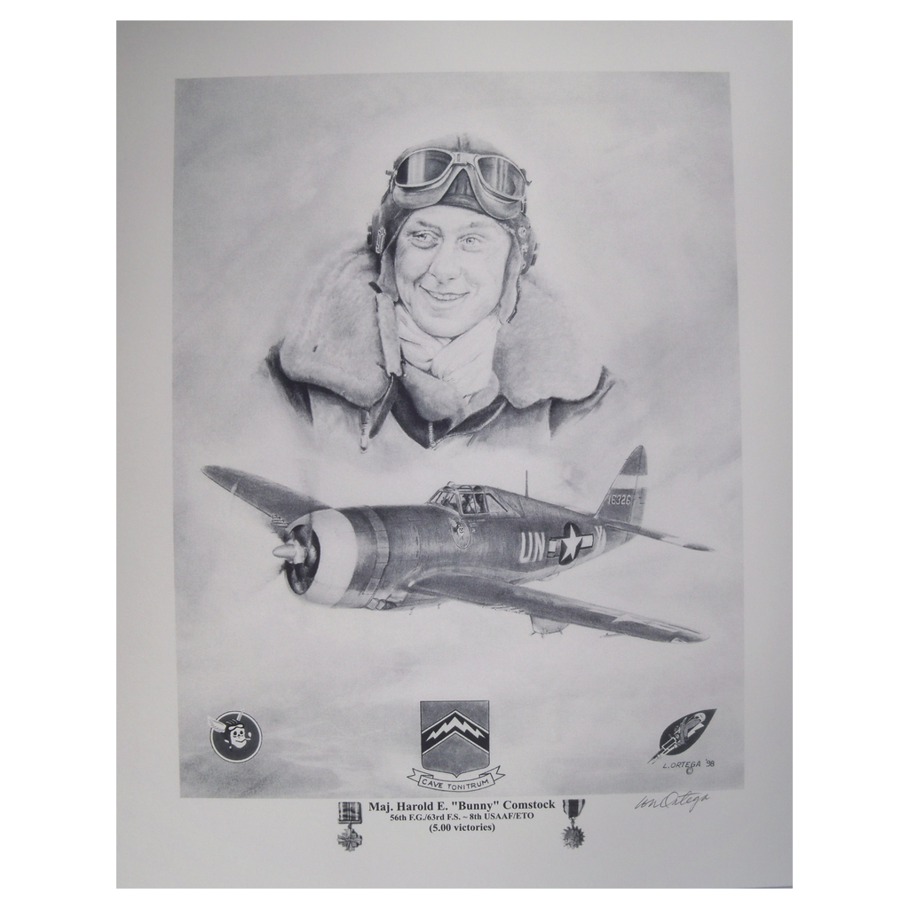 Pencil print Major Harold Bunny Comstock and the aircraft he flew during WW2