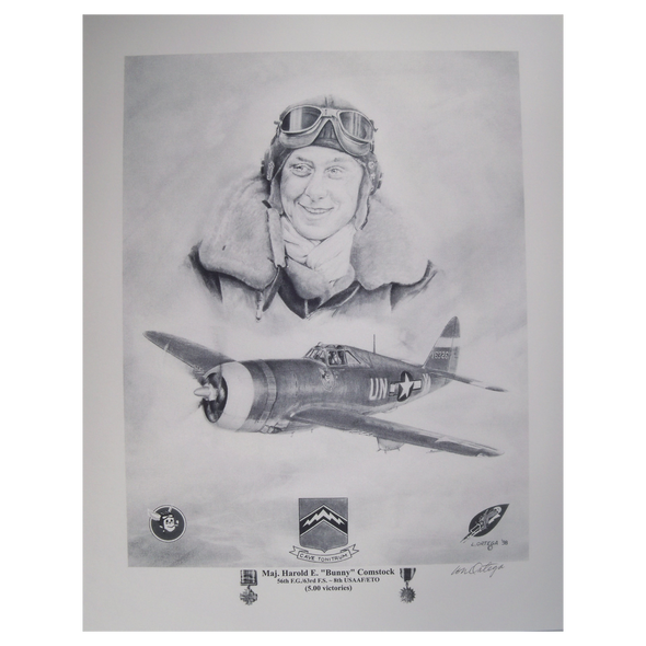Pencil print Major Harold Bunny Comstock and the aircraft he flew during WW2