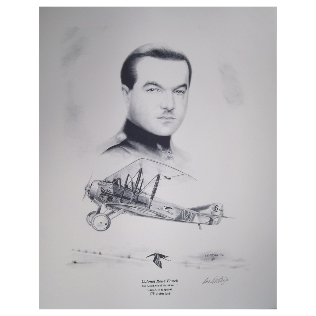 Pencil print of Colonel René Fonck, top Allied Ace of the First World War and the biplane he flew.
