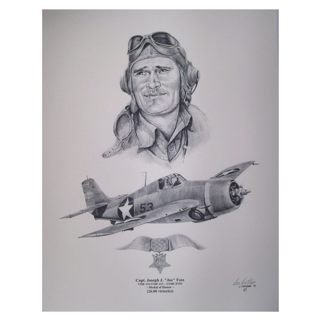 Pencil print of Captain Joseph Joe Foss and the aircraft he flew in the Pacific Theater of WW2