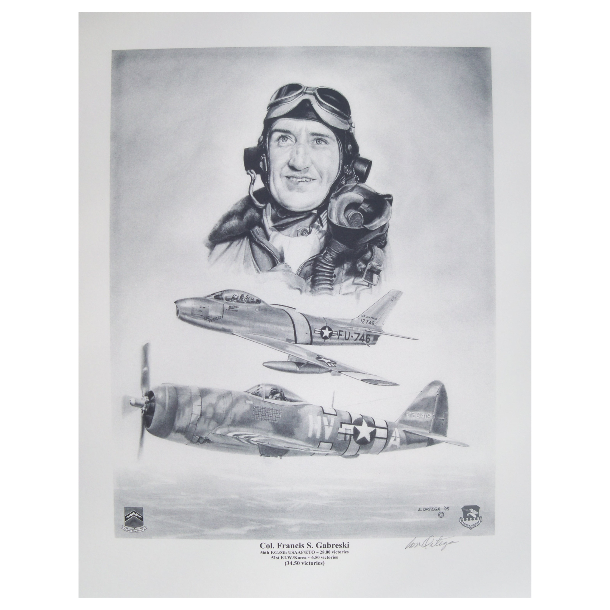 Col Francis S Gabreski pencil print with two of the aircraft he flew in WW2 and Korea