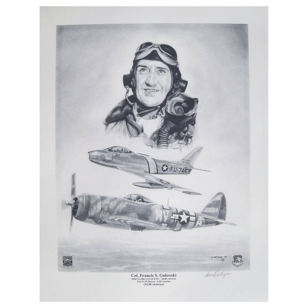 Col Francis S Gabreski pencil print with two of the aircraft he flew in WW2 and Korea