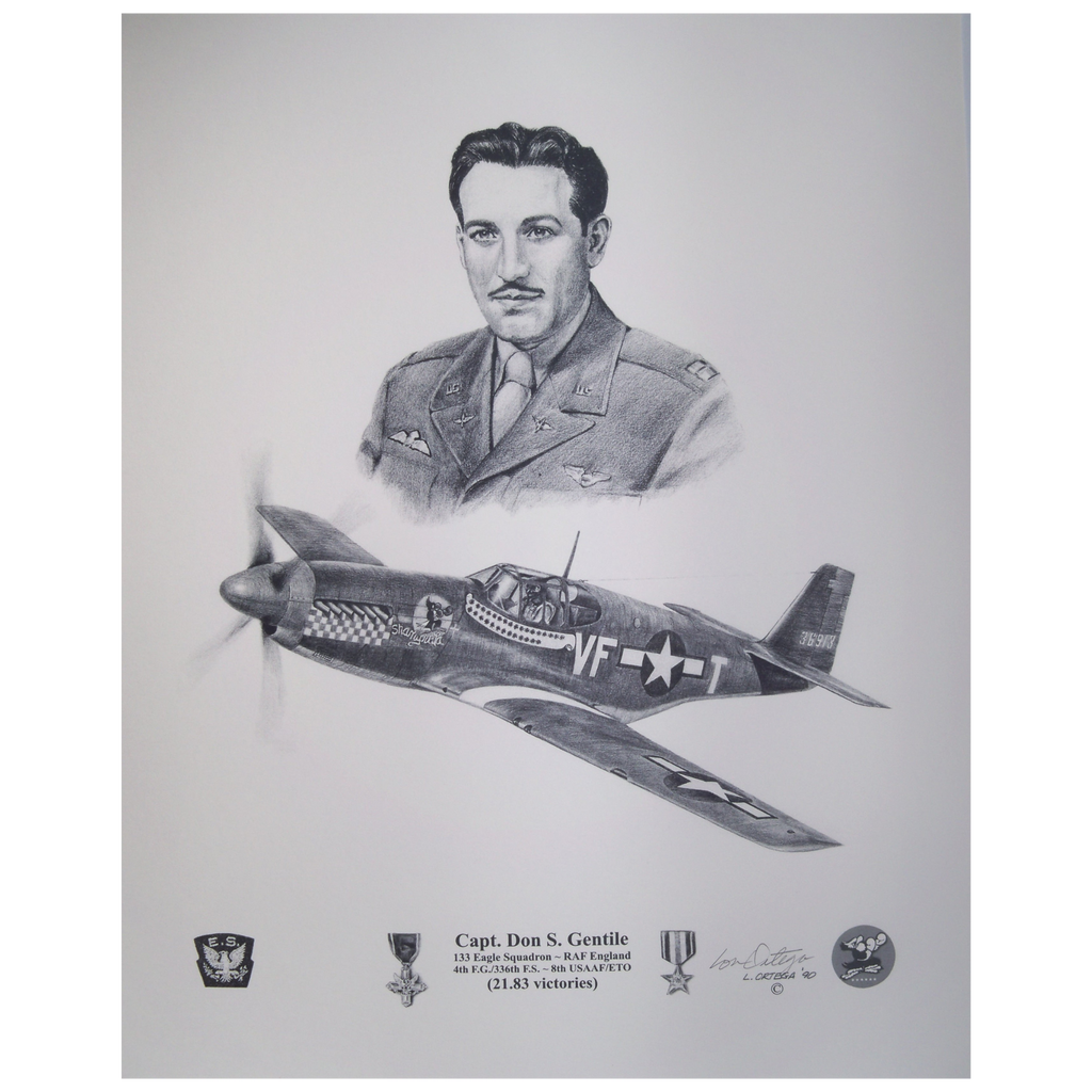 Pencil print of Captain Don S Gentile RAF 133 Eagle Squadron and USAAF 336th