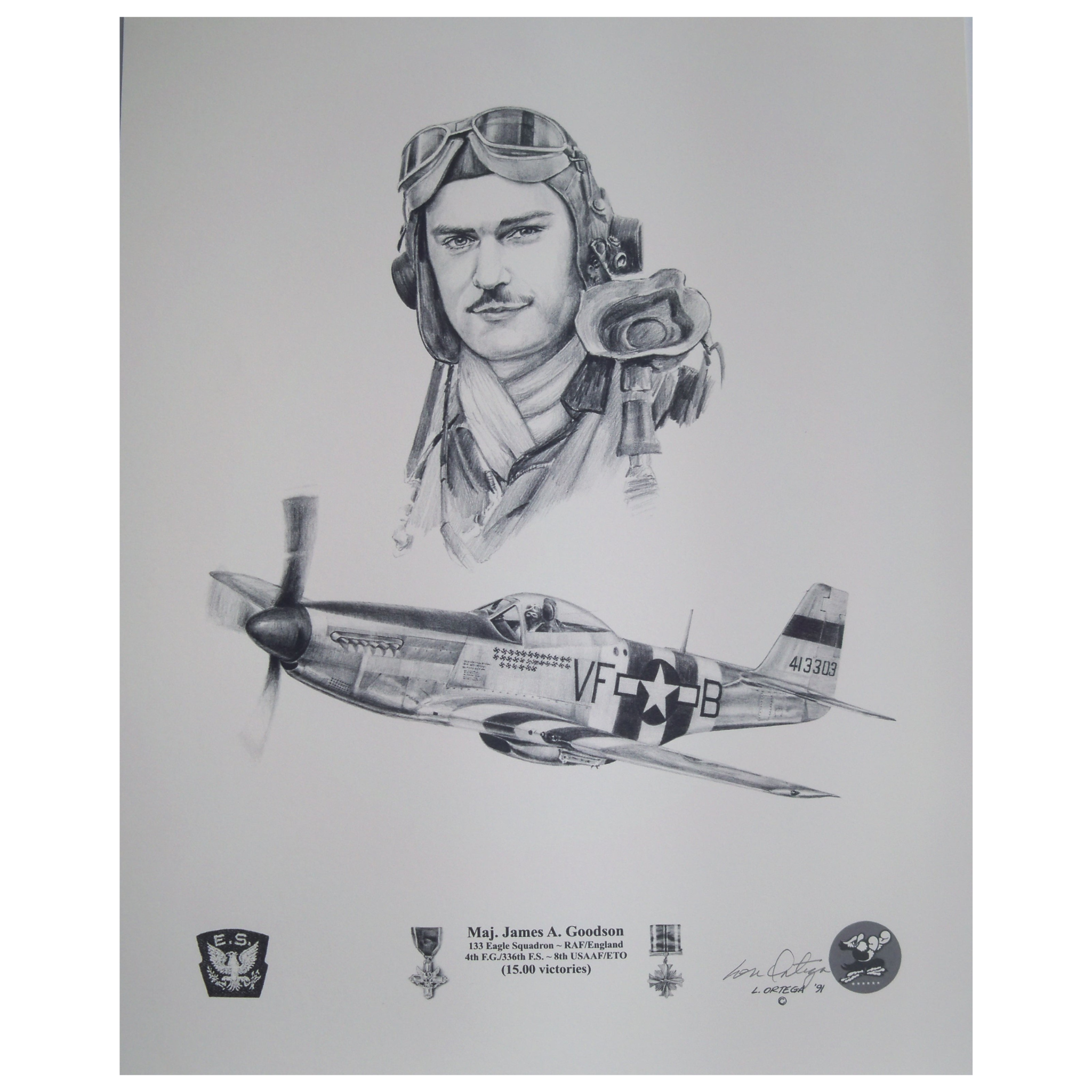 Pencil print Major James A Goodson 133 Eagle Squadron pilot and USAAF 336th pilot WW2