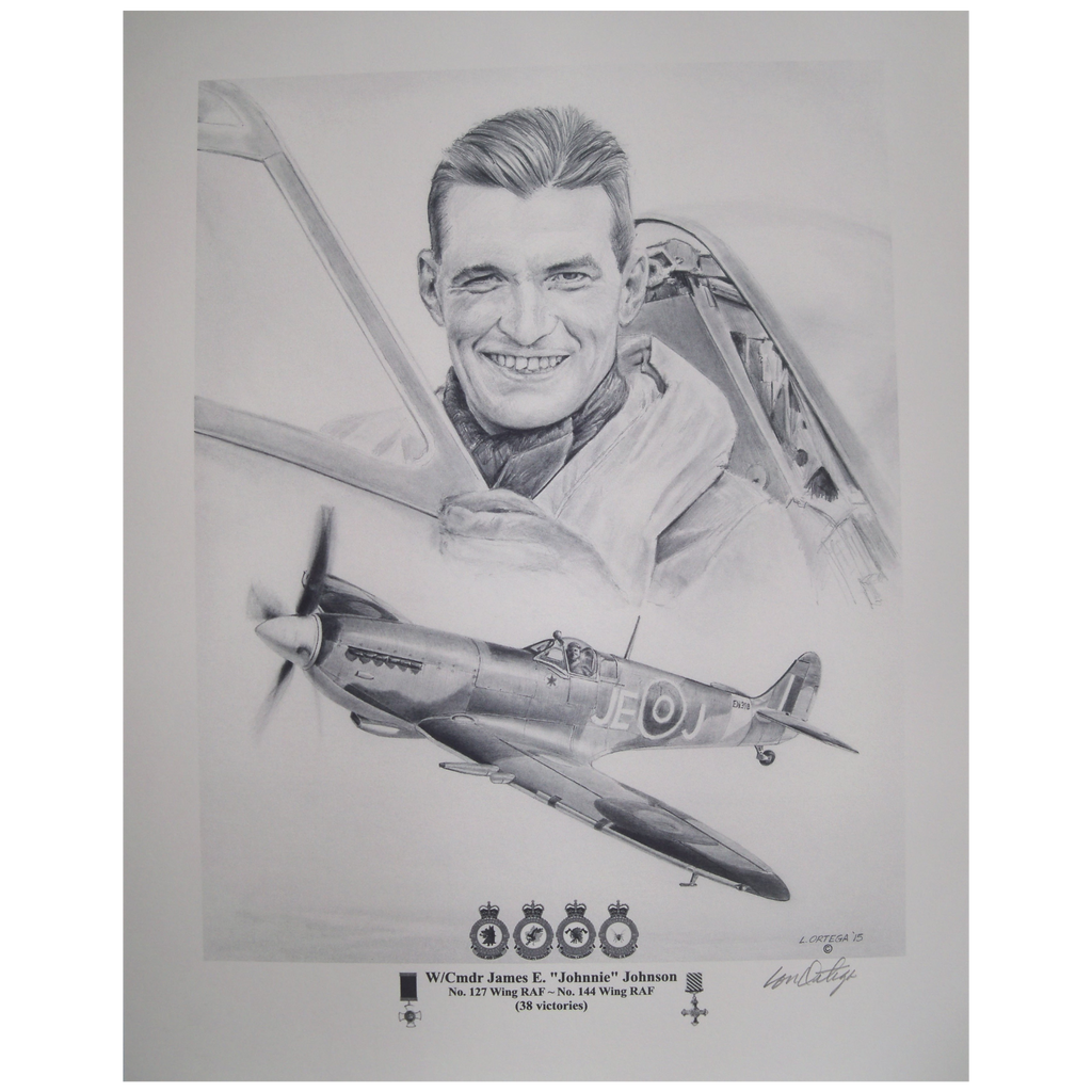 Pencil print Wing Commander James "Johnnie" Johnson RAF 127 and 144 wings WW2