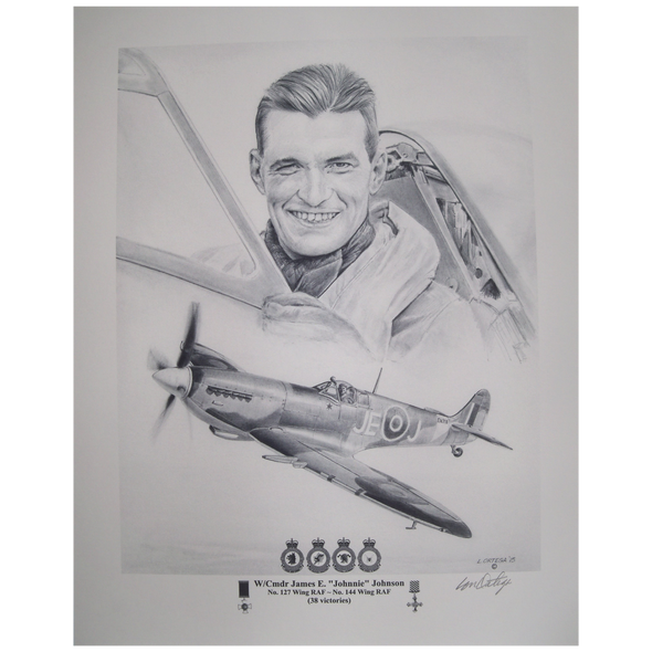 Pencil print Wing Commander James "Johnnie" Johnson RAF 127 and 144 wings WW2