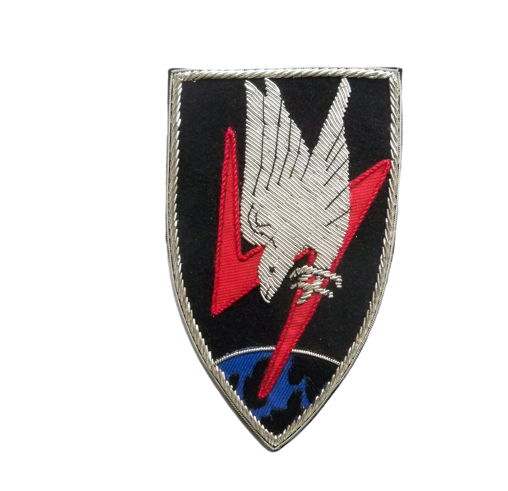 Luftwaffe NJG1 shield-shaped patch.  Black background with red lightening flash and silver diving eagle with claws outstretched screaming towards Europe at the bottom of the patch.