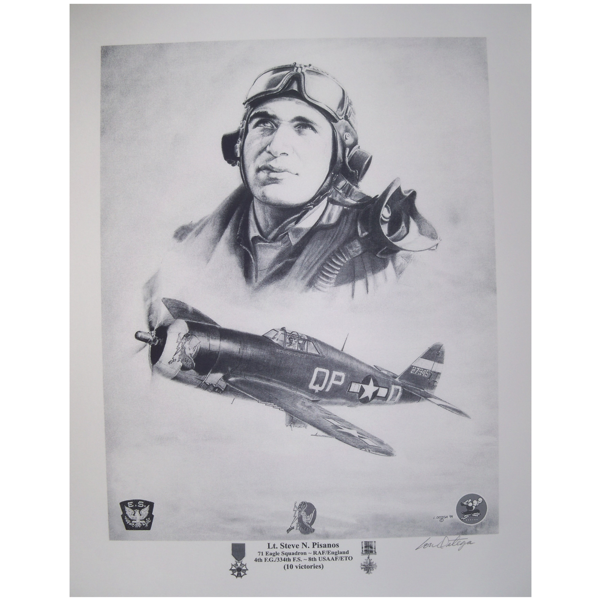 Lt Steve N Pisanos pencil print and his WW2 aircraft 