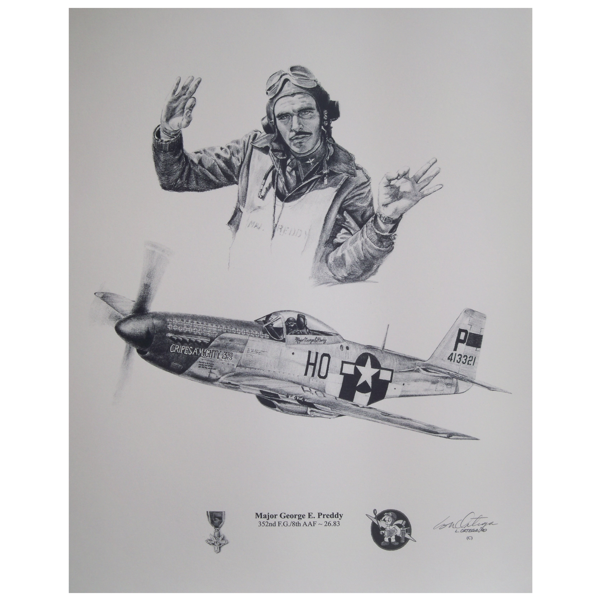 Pencil print Major George E Preddy and his WW2 aircraft Cripes A'Mighty 3rd