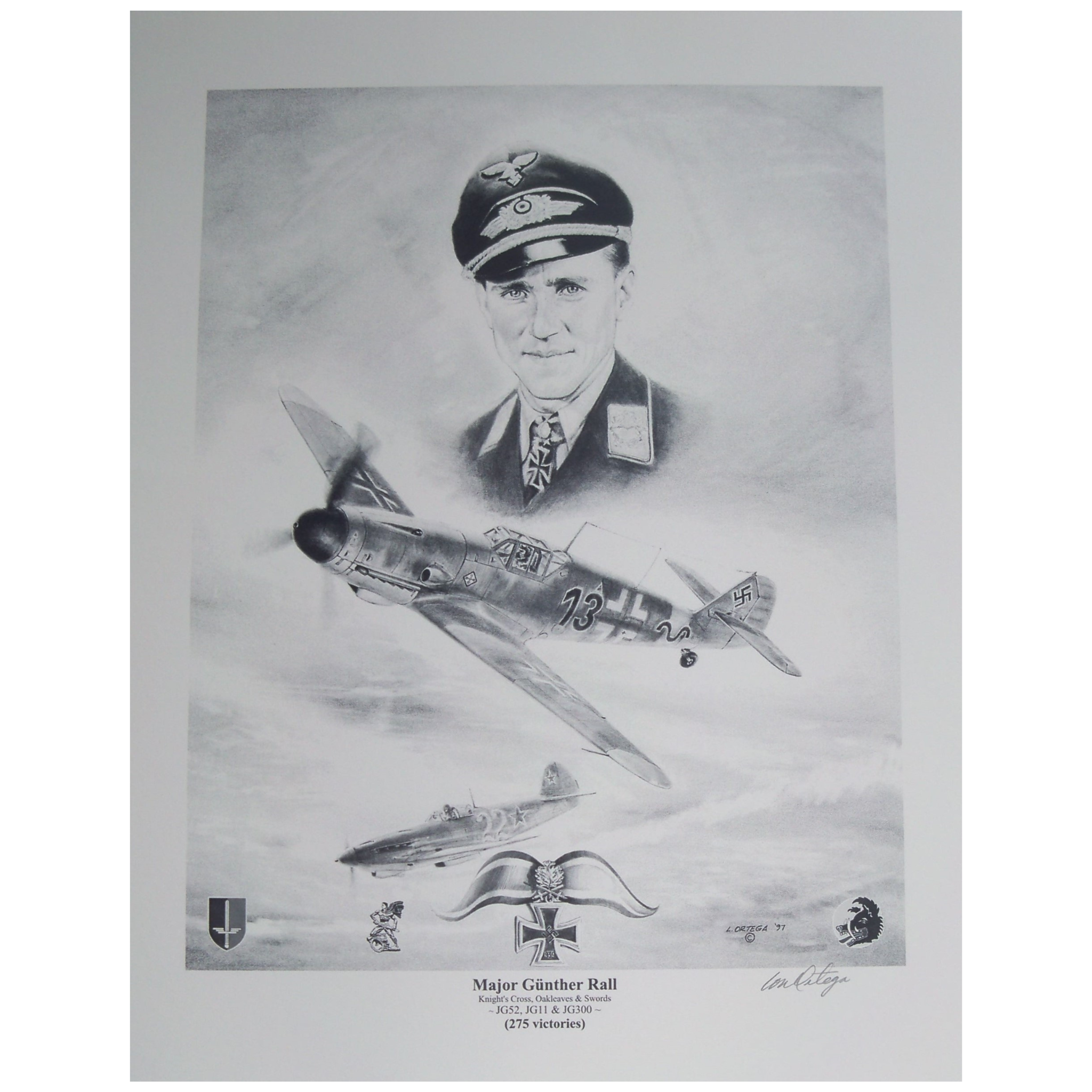 Pencil print of Major Gunther Rall and aircraft he flew during WW2