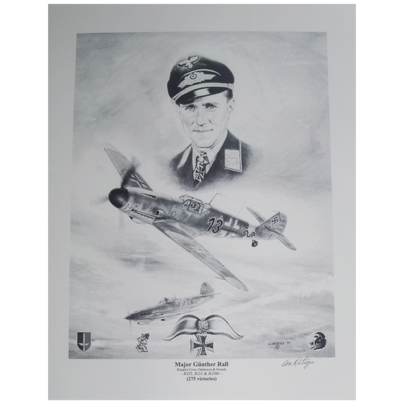 Pencil print of Major Gunther Rall and aircraft he flew during WW2